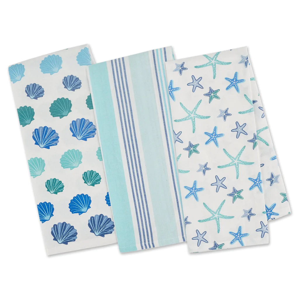 Set of 4, Nautical Coastal Beach Design Kitchen Towels Dish Towels